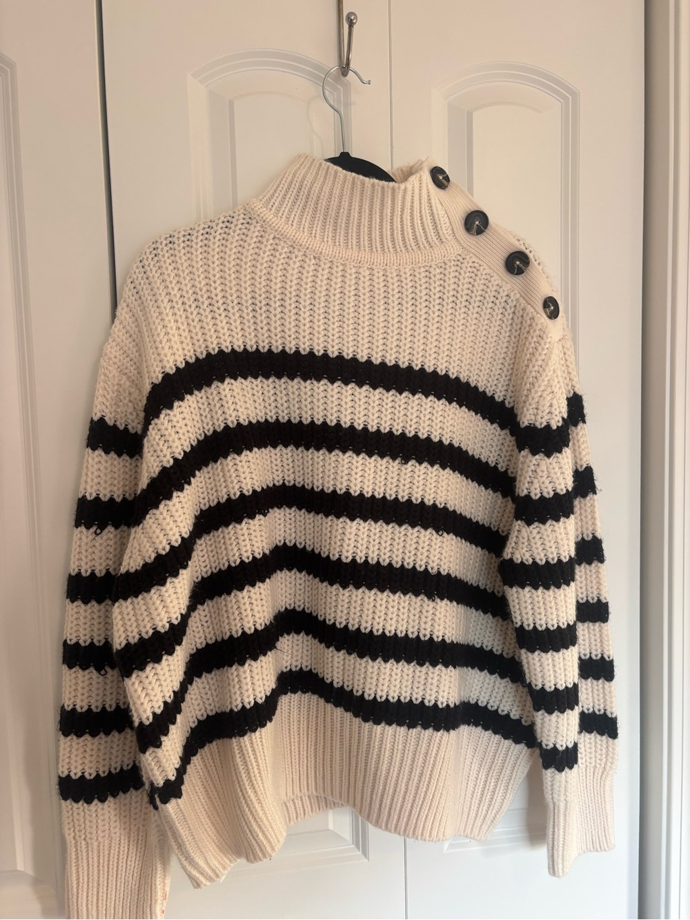 Zara Cream and Black Striped Button-Shoulder chunky Turtleneck Sweater